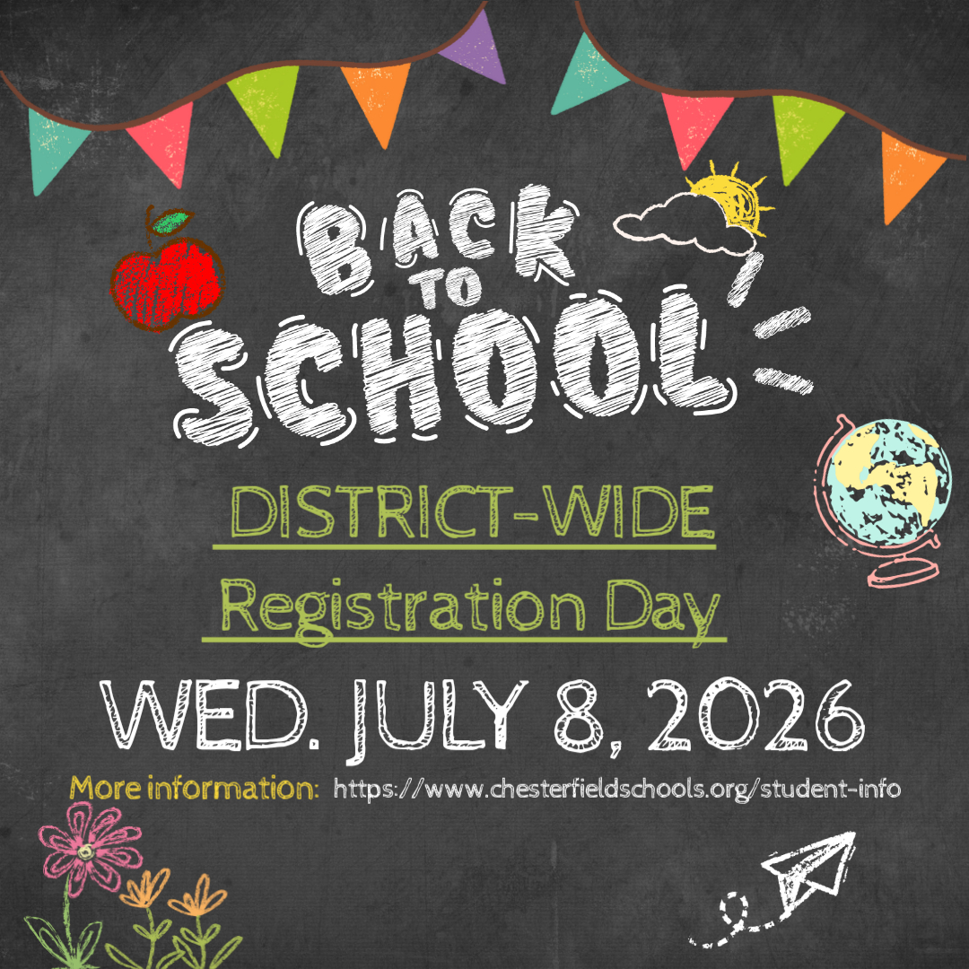 Chalkboard art announces "Back to School District-Wide Registration Day" on Wednesday, July 8, 2026.