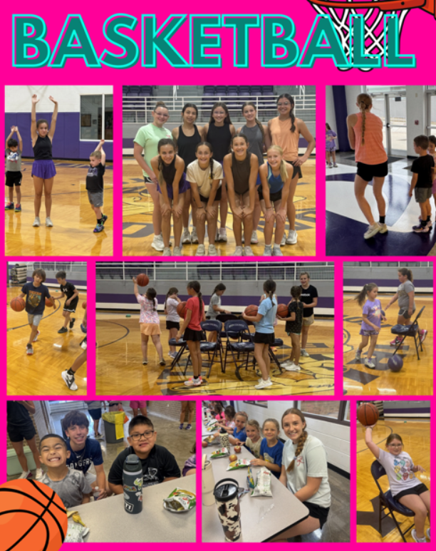A collage of images showing children participating in basketball activities and a team meal.