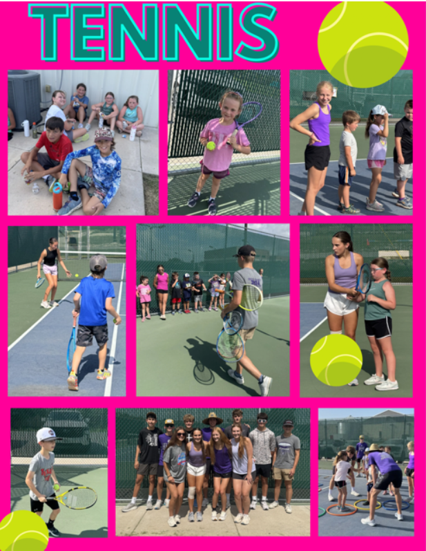 A collage of images showcasing children and teenagers participating in tennis activities.