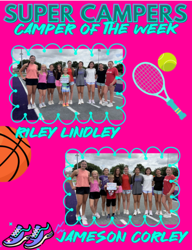 A group of young girls stand together, celebrating "Super Campers" and "Camper of the Week" awards.