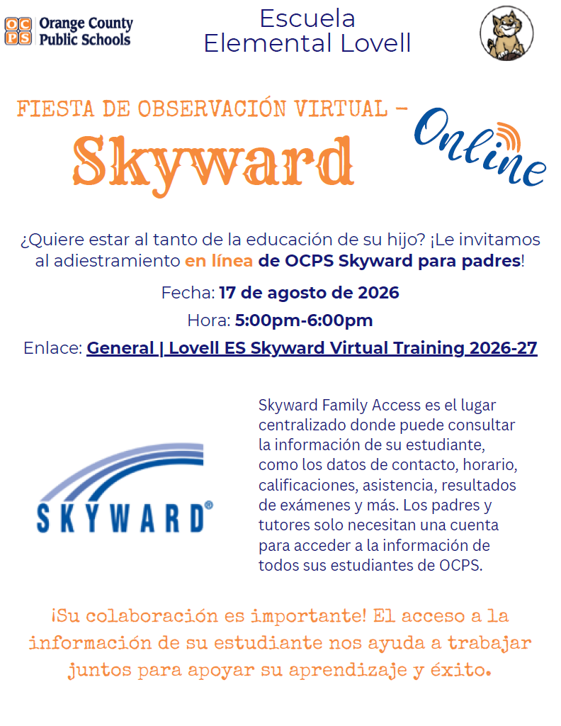 Flyer announcing a virtual Skyward observation event for parents hosted by Orange County Public Schools.