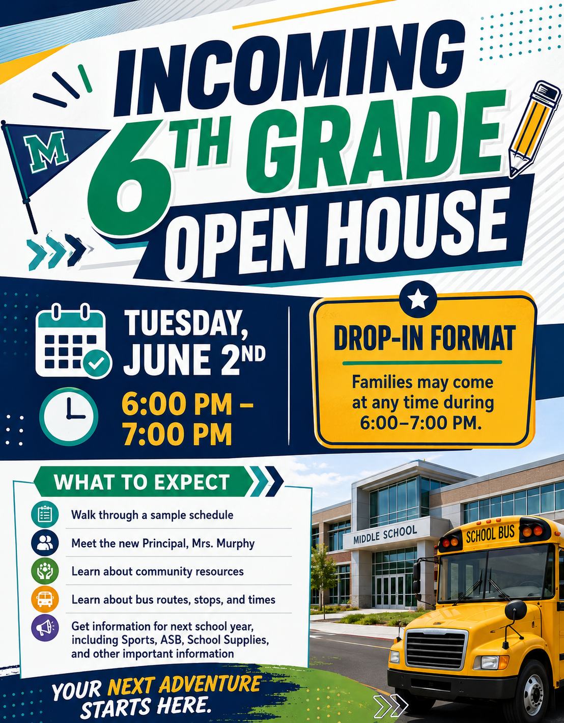 Incoming 6th grade open house: Tuesday, June 2