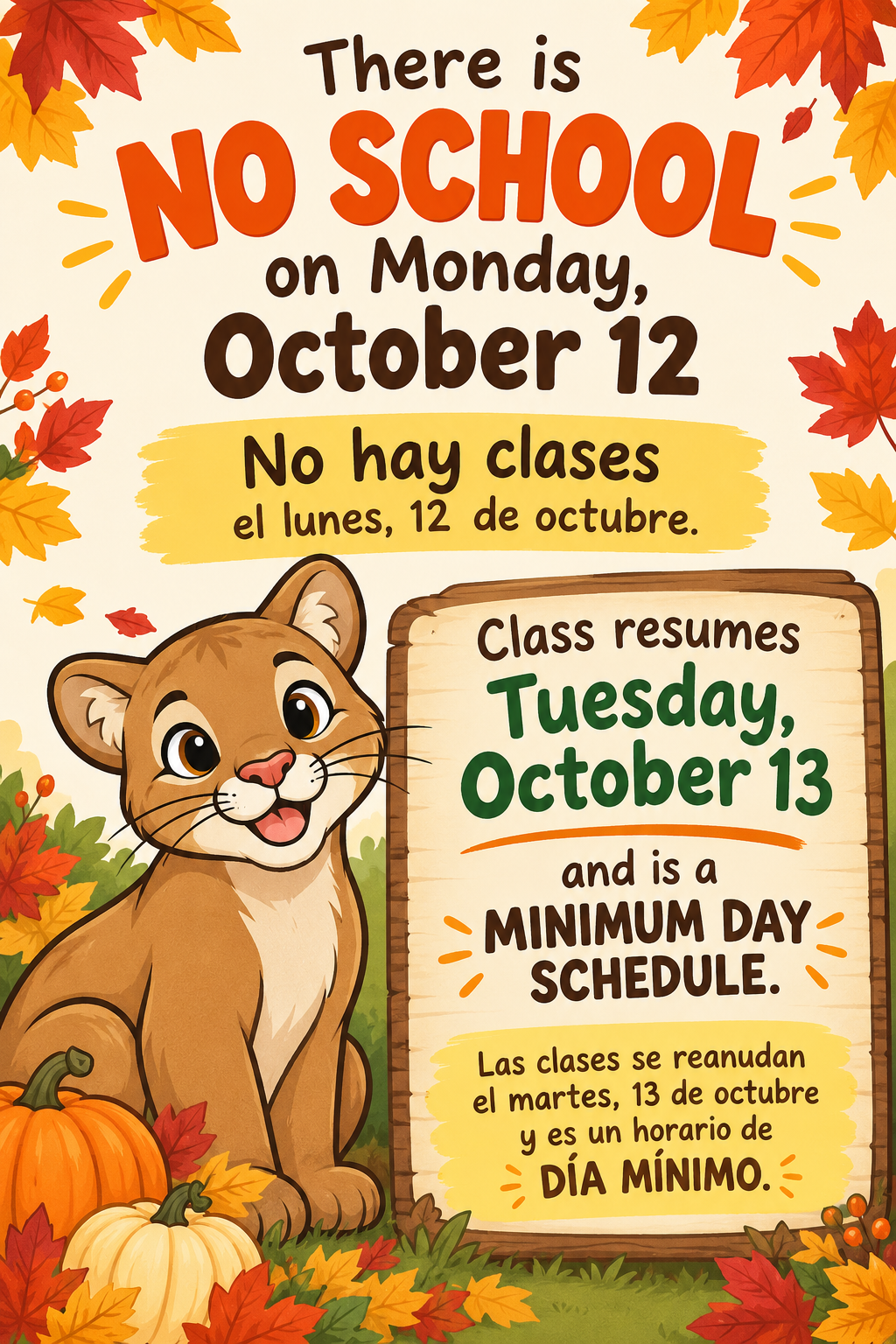 No School on Monday 10/12/2026