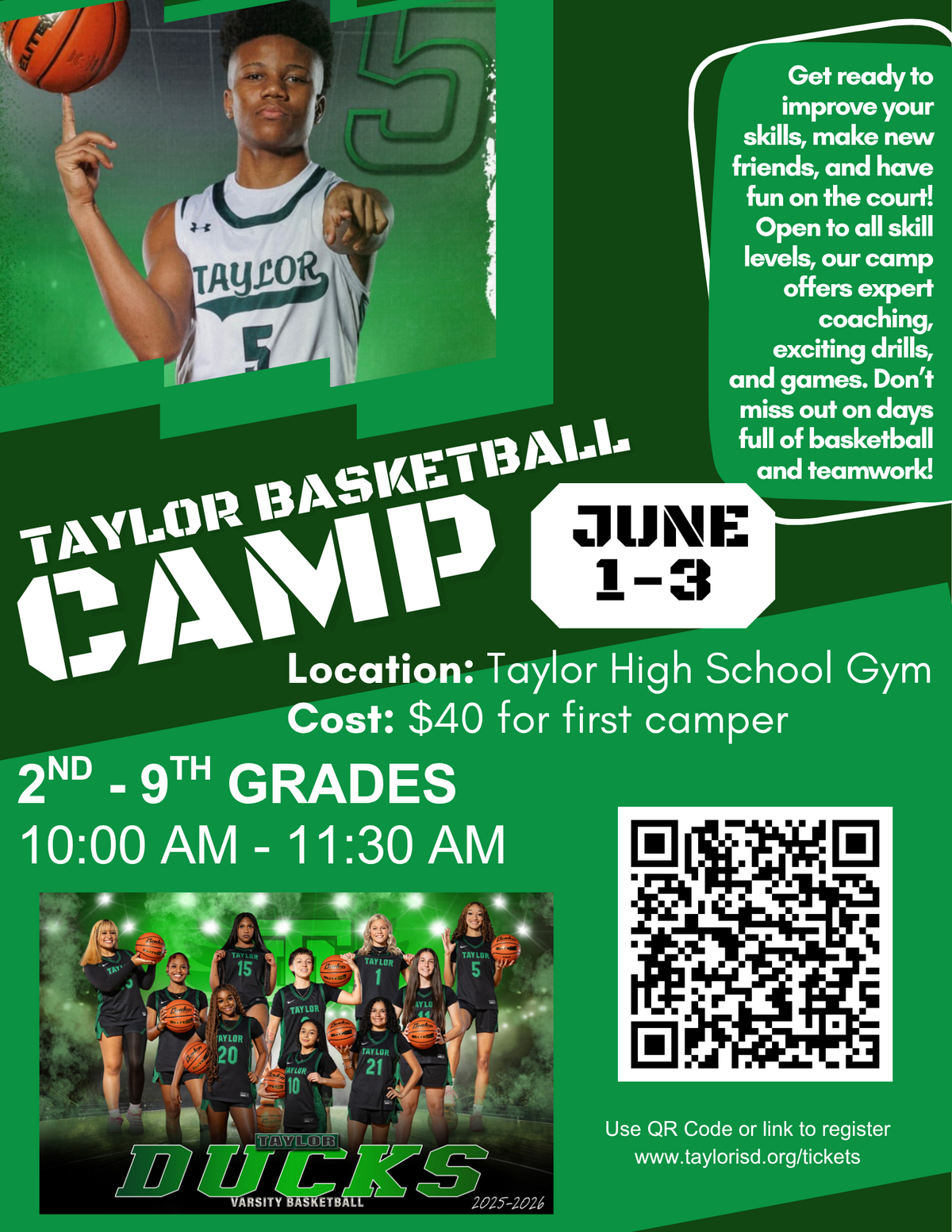Poster for Taylor Basketball Camp featuring a young male player and a team of female players.