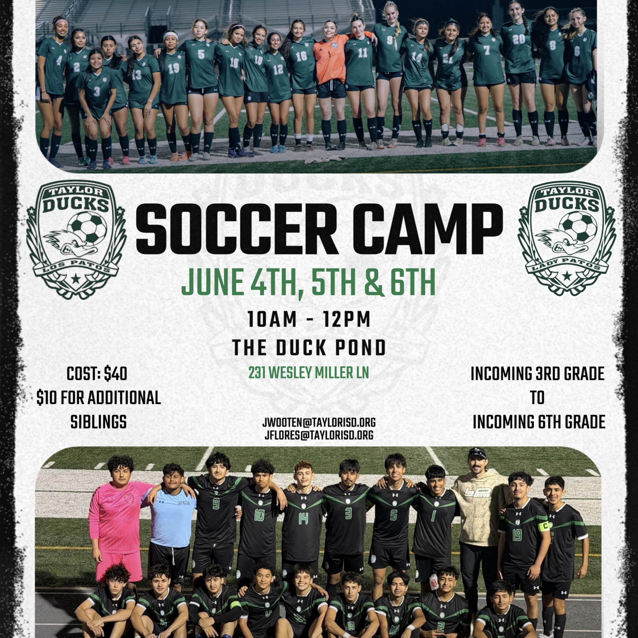 Poster for Taylor Ducks Soccer Camp, featuring photos of soccer teams and camp details.
