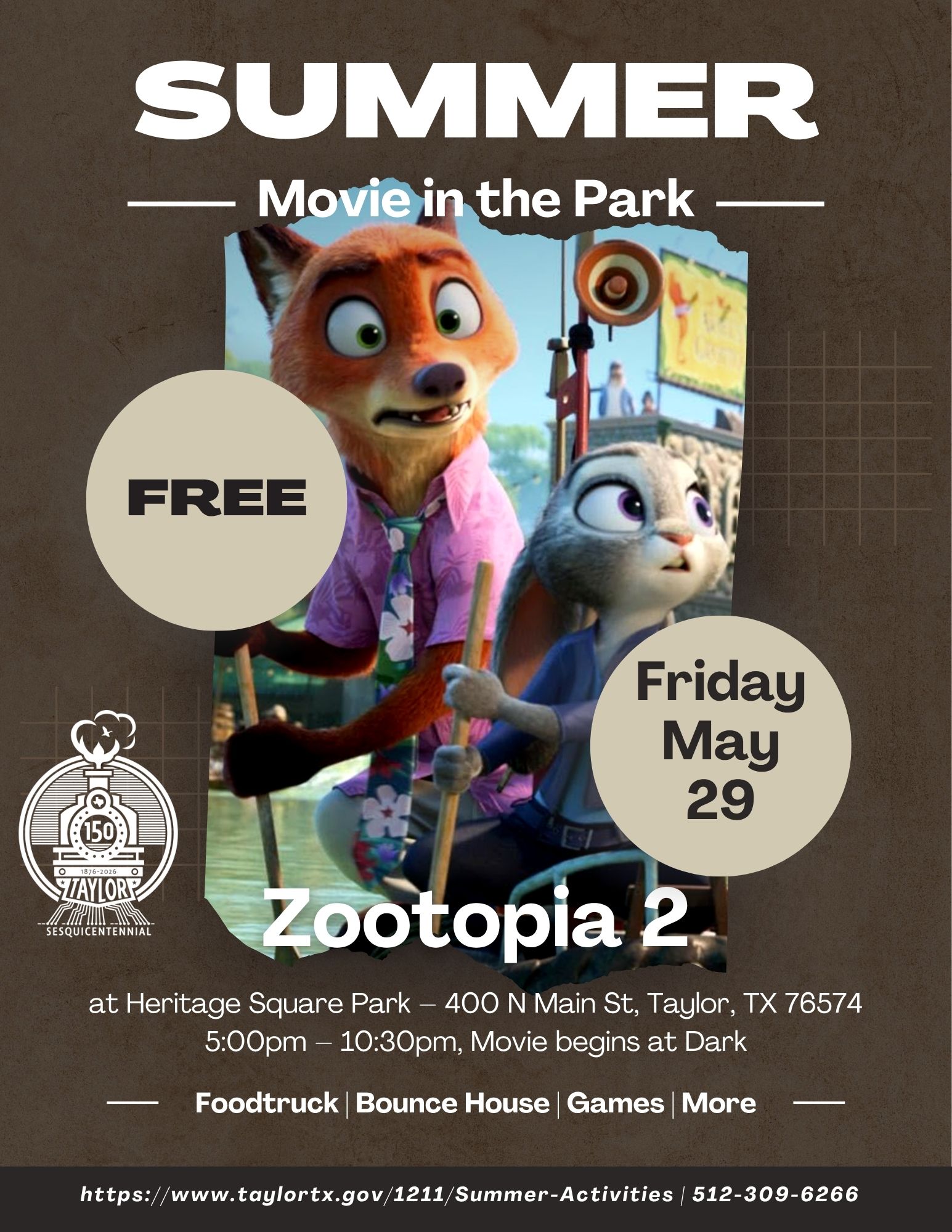 Poster for "Summer Movie in the Park" featuring characters from Zootopia 2, with event details.