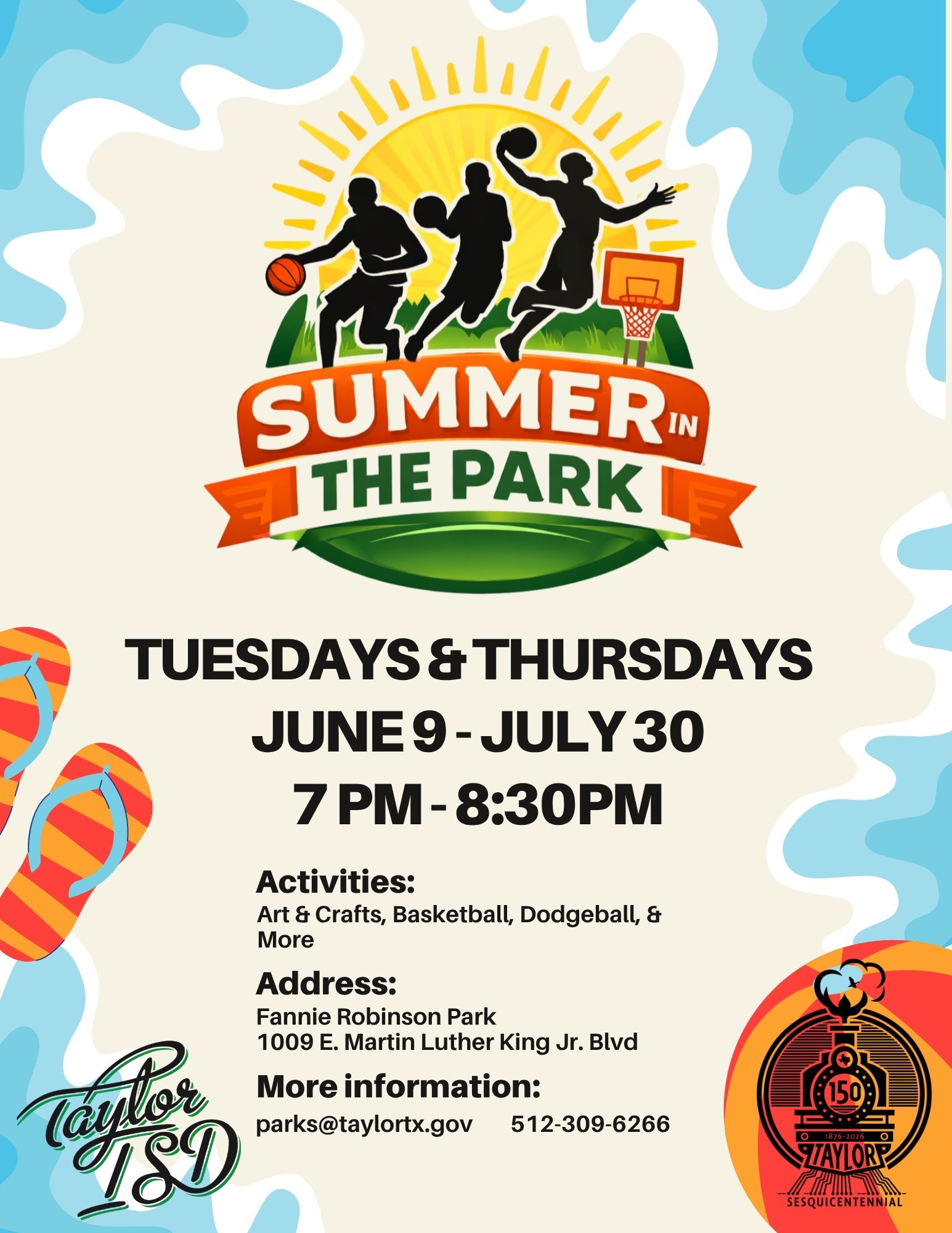 Poster for 'Summer in the Park' event featuring silhouettes of basketball players and event details.