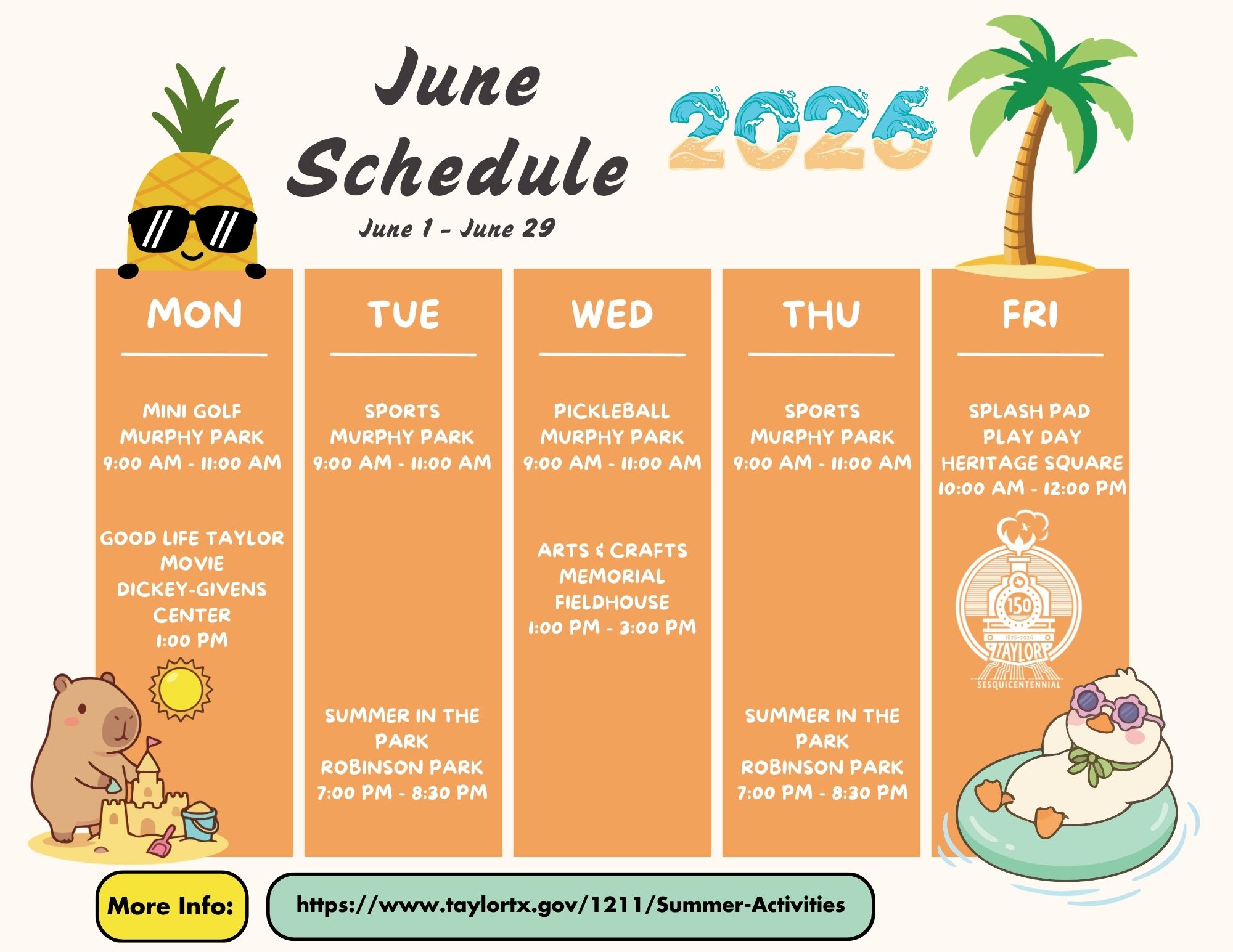 A June 2026 schedule with cartoon characters and summer activities listed by day.