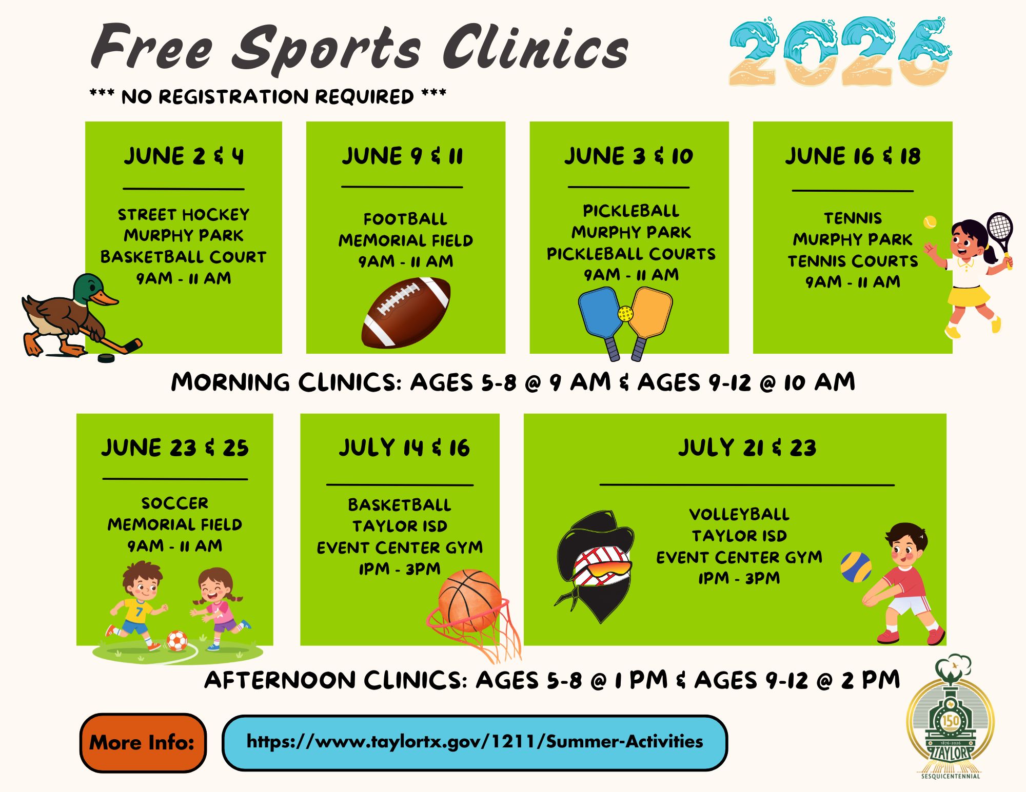 Poster advertising free sports clinics in June and July 2026, with various sports like street hockey, football, pickleball, tennis, soccer, basketball, and volleyball.
