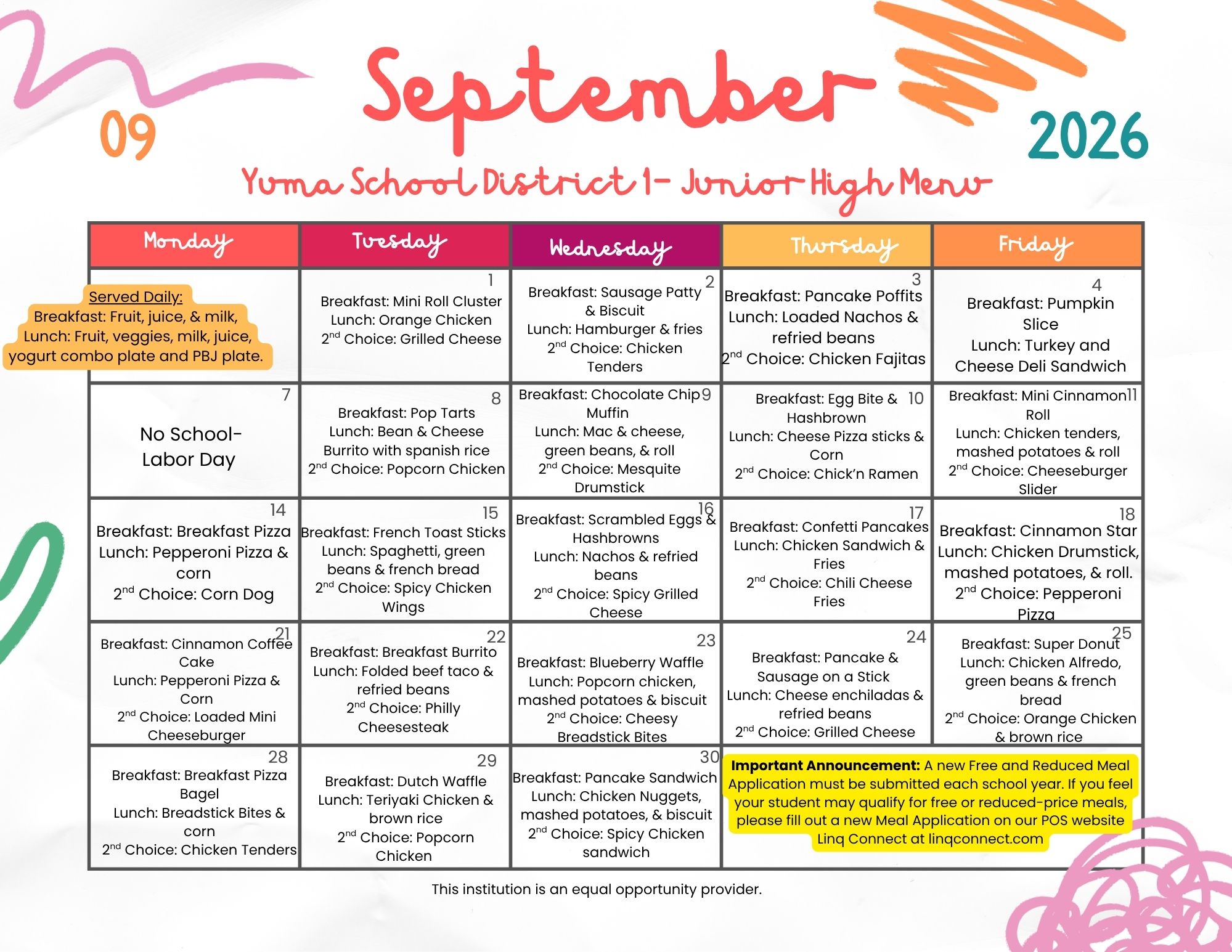 September 2026 Menus