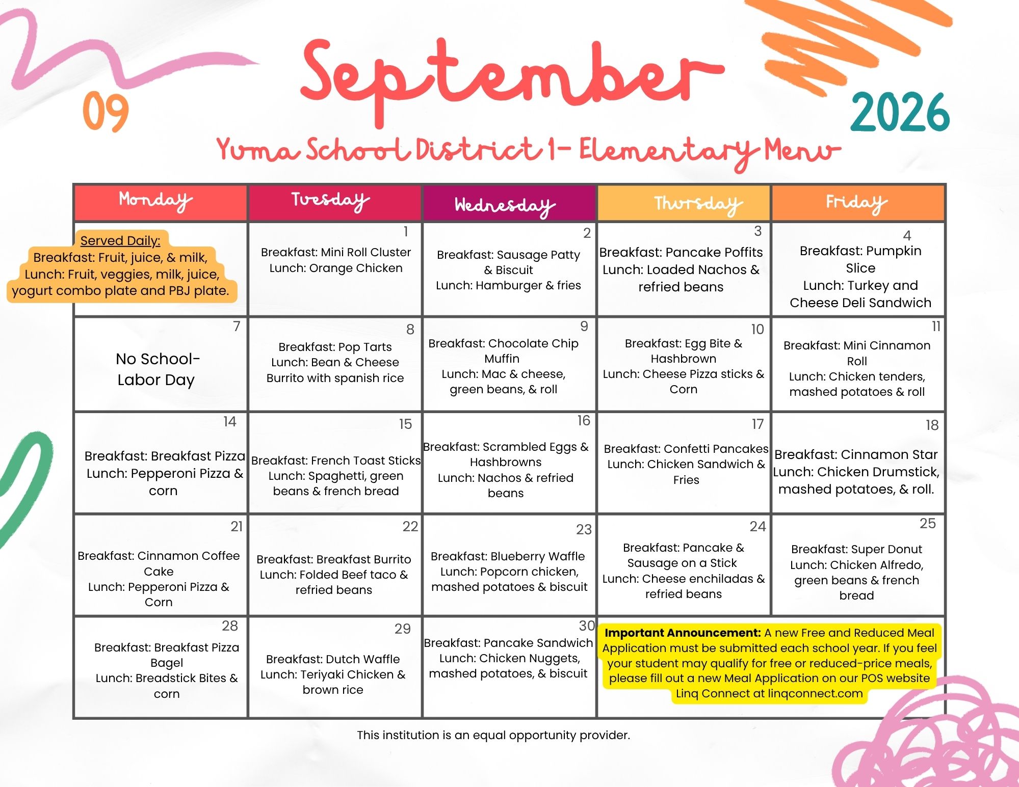 September 2026 Elementary Menu