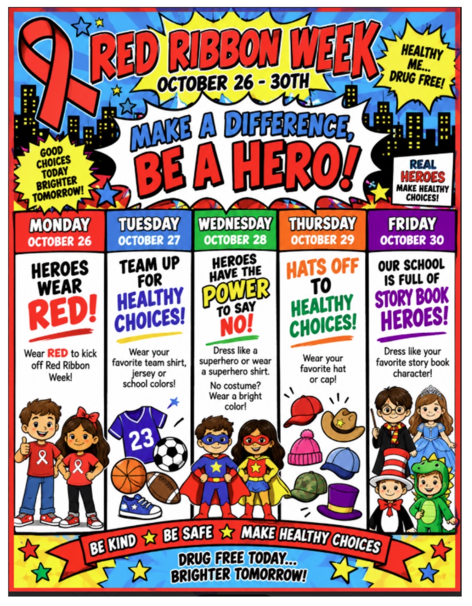 A colorful Red Ribbon Week flyer with a comic book theme, outlining daily dress-up themes from Monday to Friday.