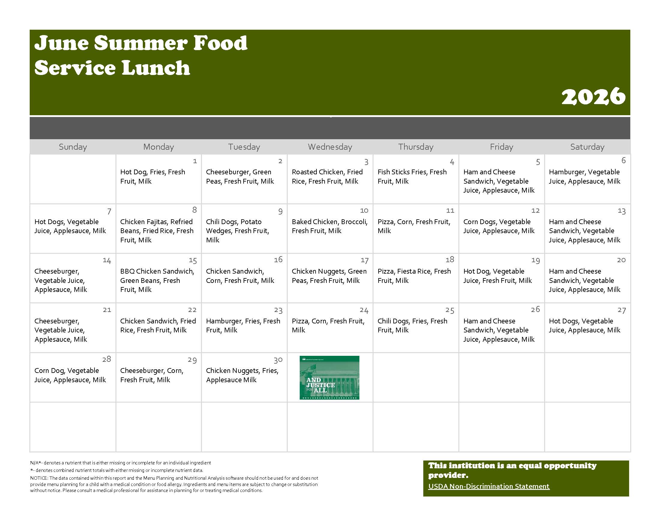A calendar displays the June 2026 Summer Food Service Lunch menu, listing daily meal options.