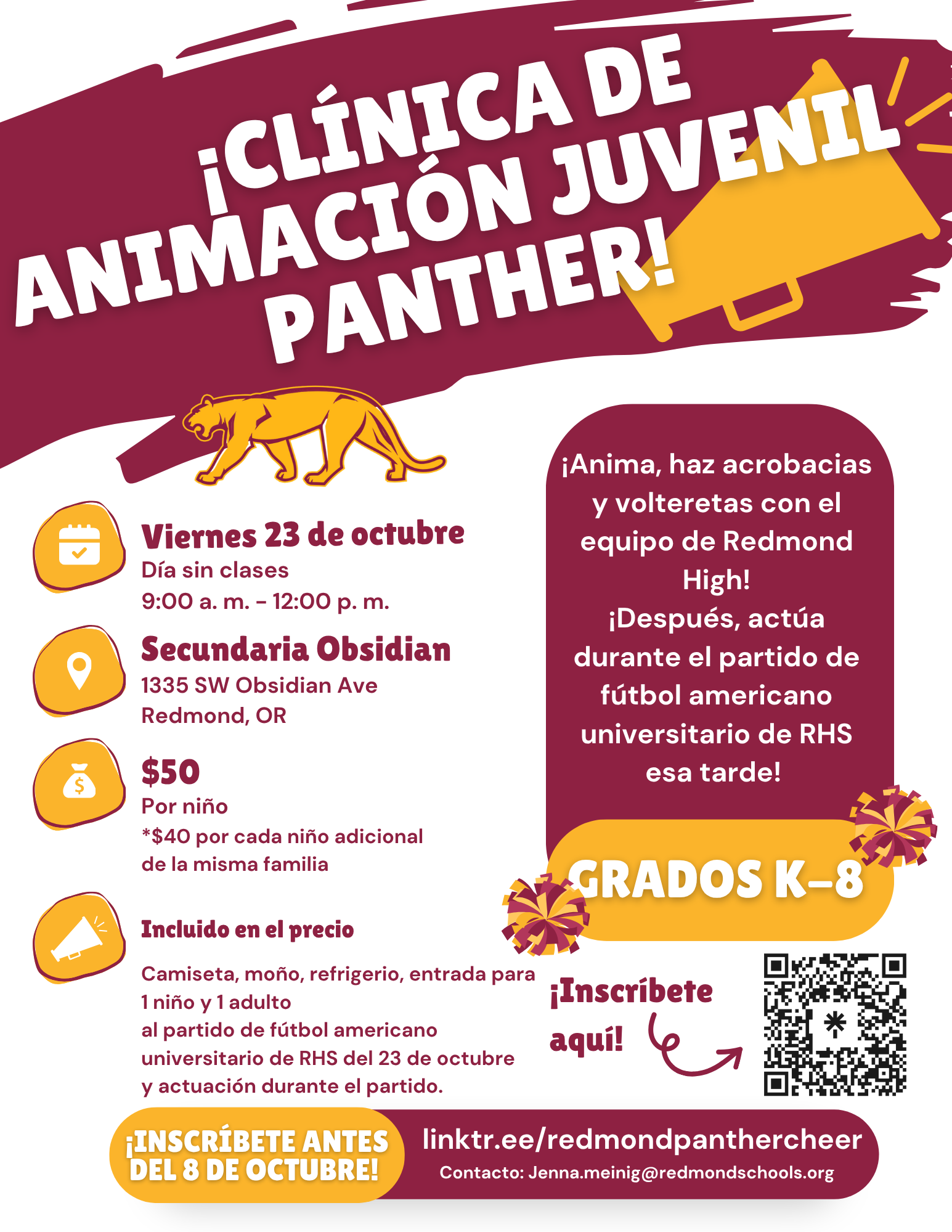 A promotional flyer for a youth cheerleading clinic hosted by the Redmond High team, featuring event details, location, and a QR code for registration.