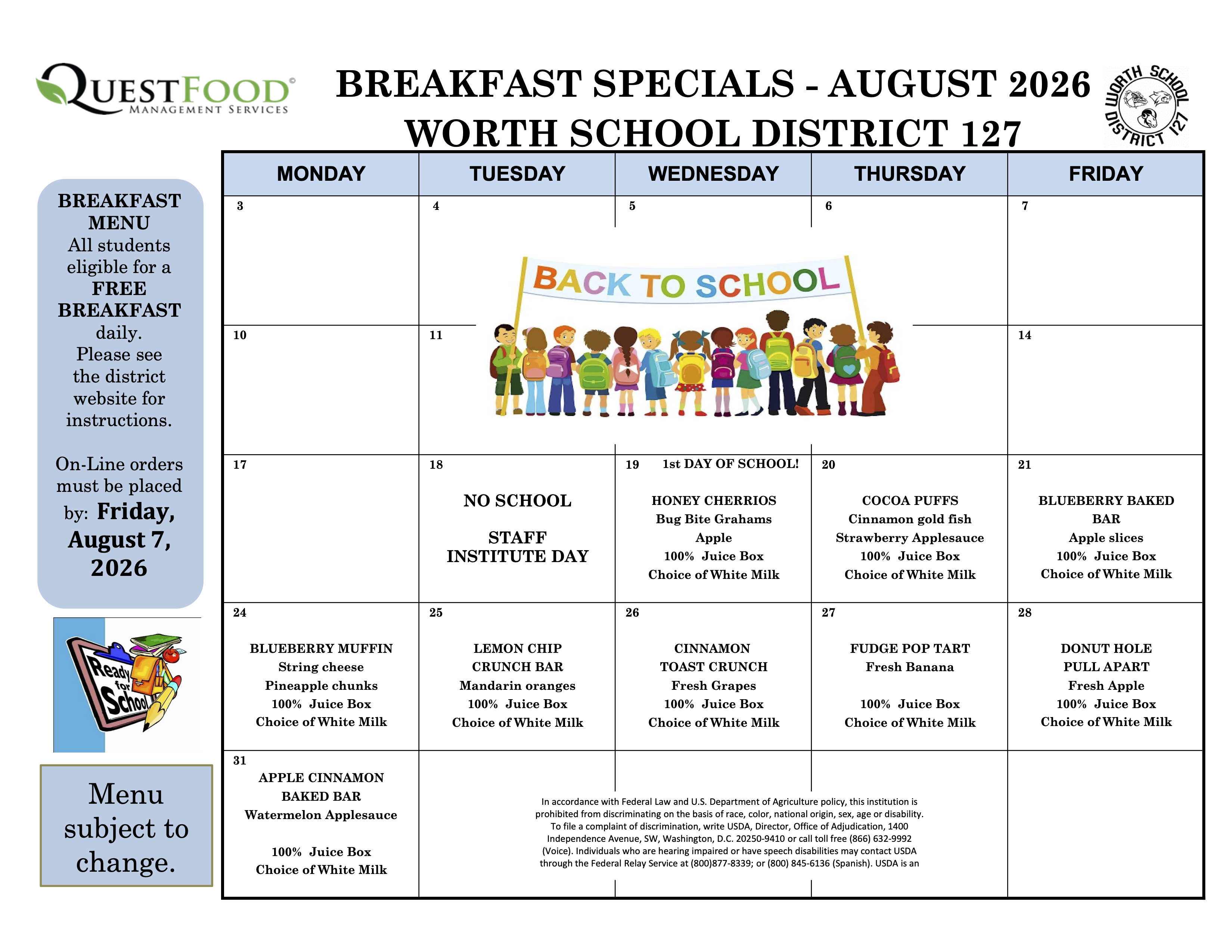August 2026 breakfast menu for Worth School District 127, featuring daily specials and a 'Back to School' graphic.