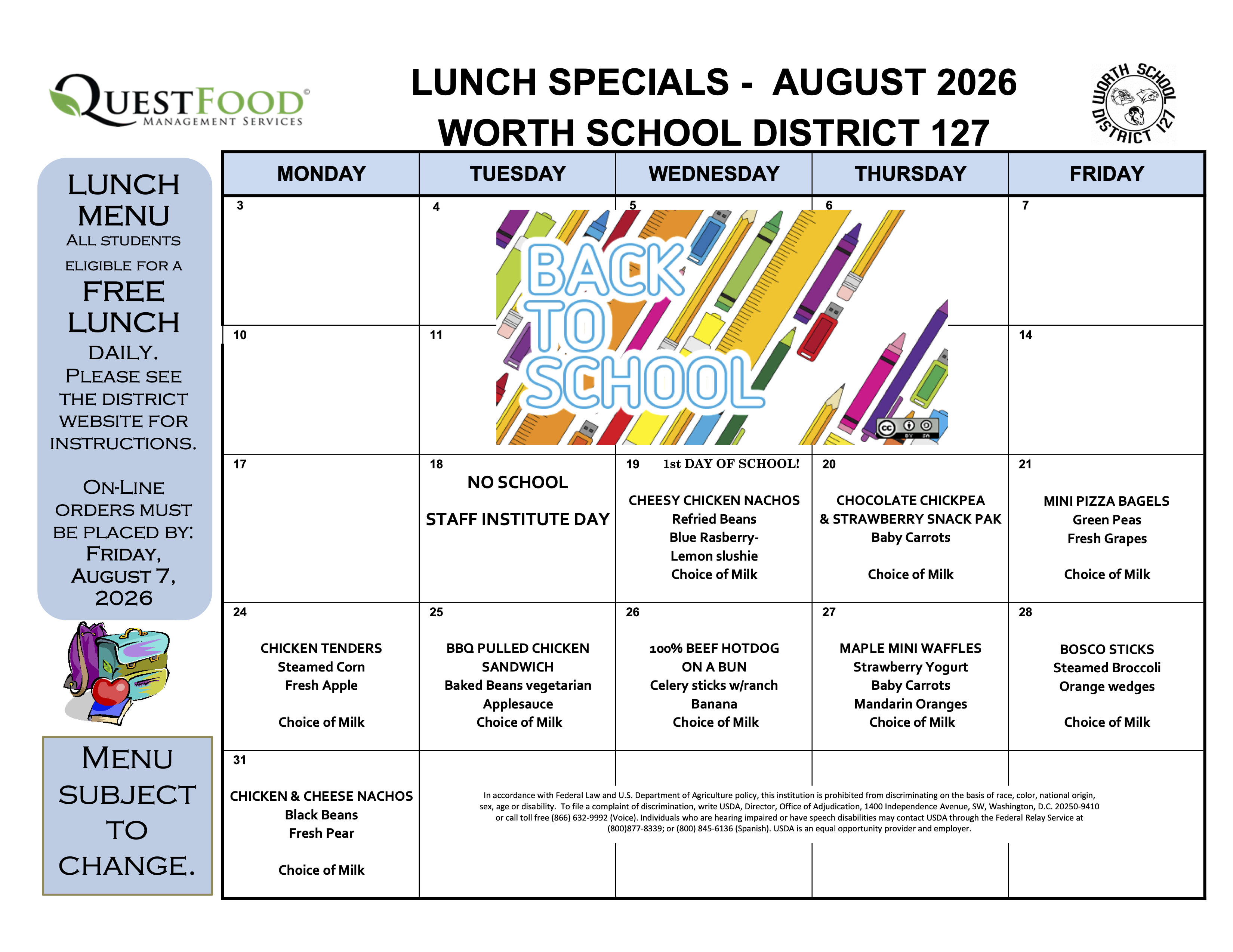 August 2026 lunch menu for Worth School District 127, featuring daily specials and a 'Back to School' graphic.