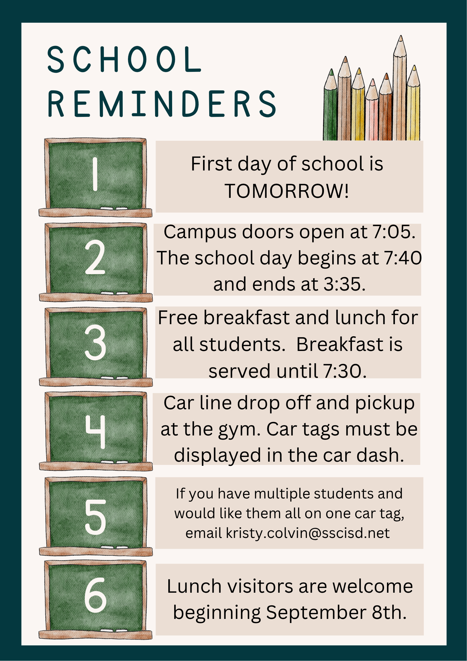 Elementary 1st Day Reminders!
