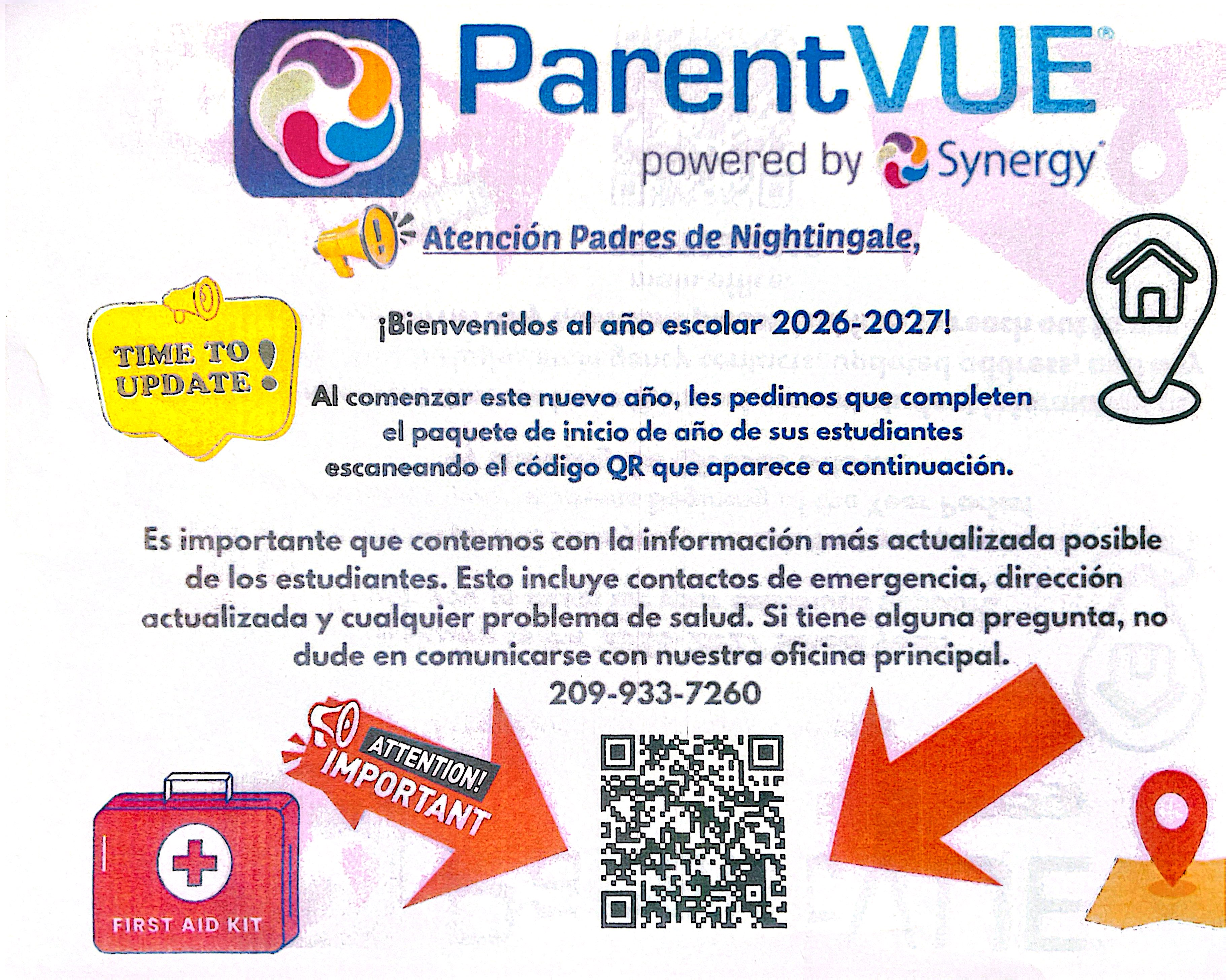Atencion Padres de Nightingale announcement for the 2026-2027 school year, urging parents to update student information.