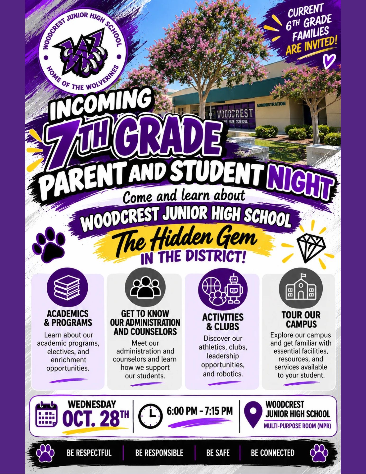Incoming 7th Grade Parent and Student Night (current 6th grade students) Oct. 28th 6pm to 7:15pm