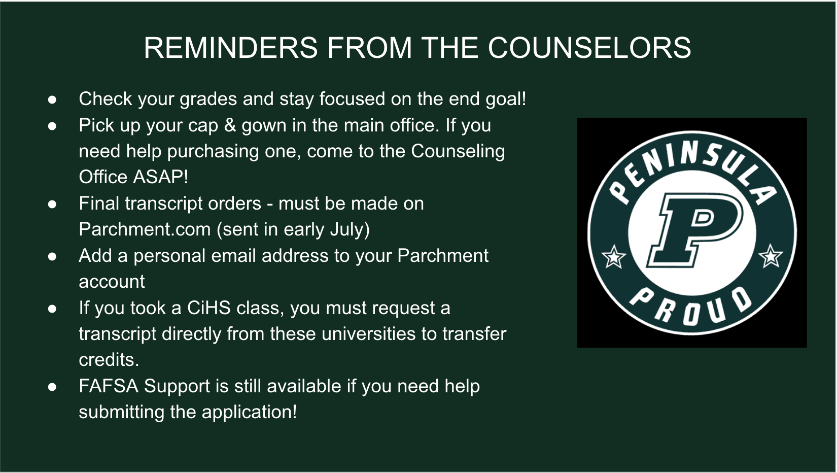 Reminders from Counselors