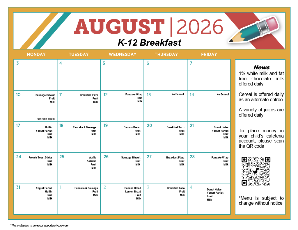 August Lunch Menus for Centerville Jr-Sr High