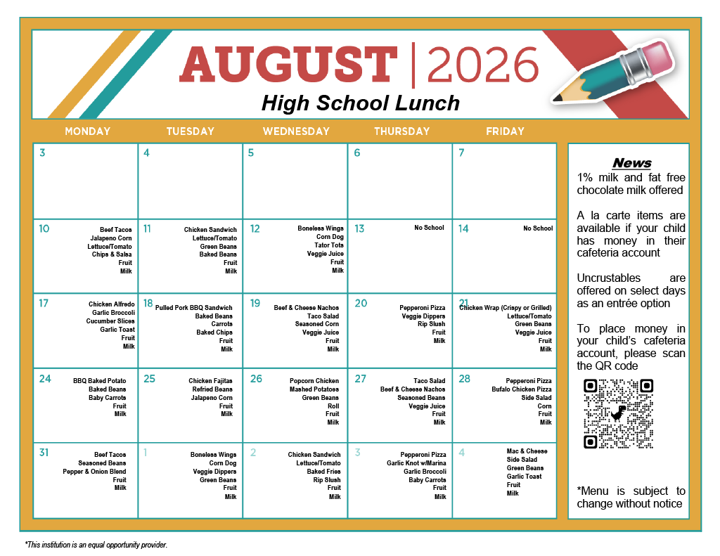 August 2026 High School Lunch menu with daily meal options and news updates.