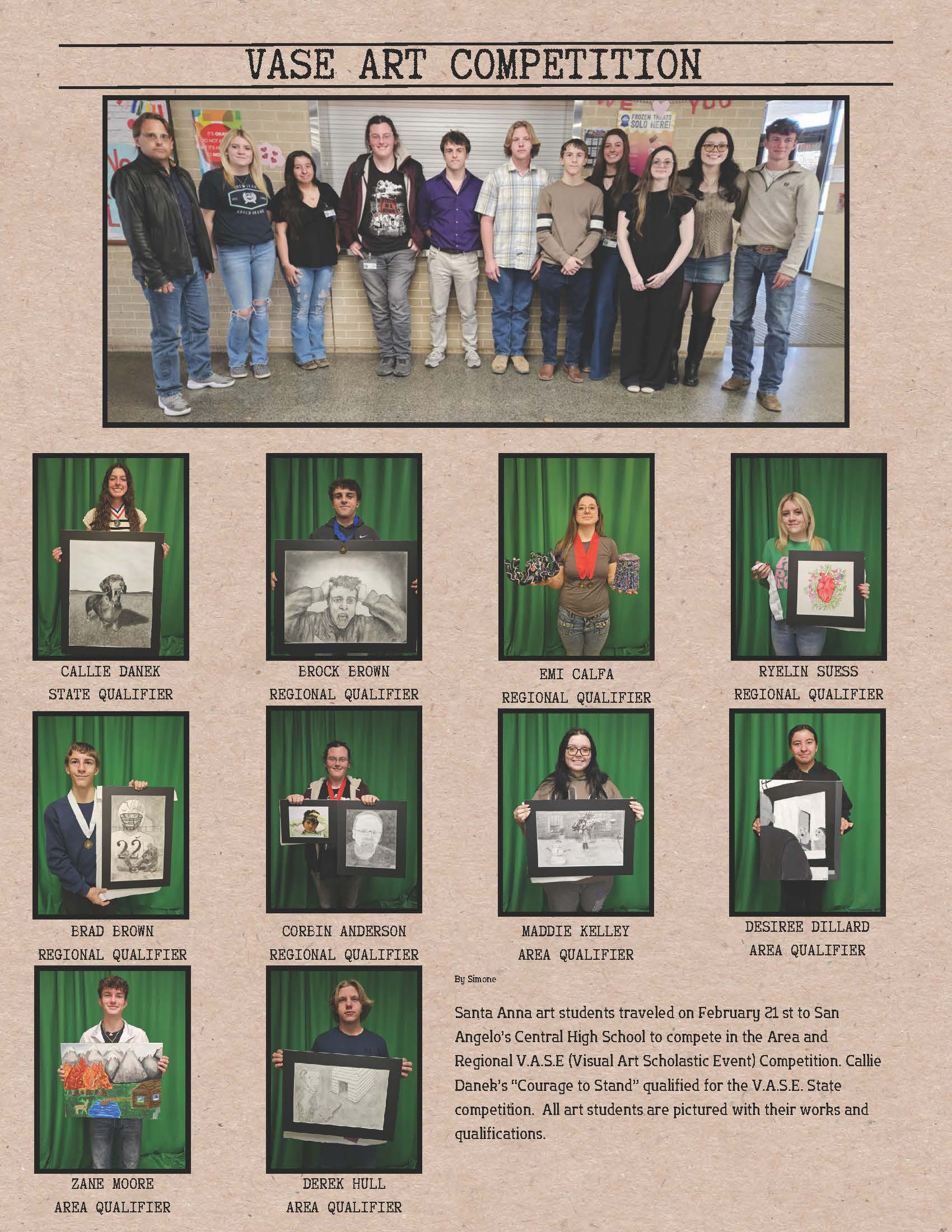 A group of students stand together, some holding artwork, for a "Vase Art Competition" photo.
