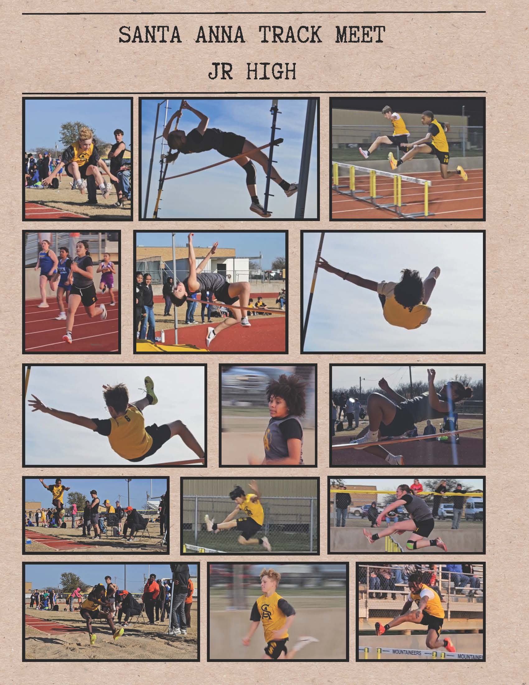 Junior high athletes compete in various track and field events, including hurdles, high jump, and long jump.