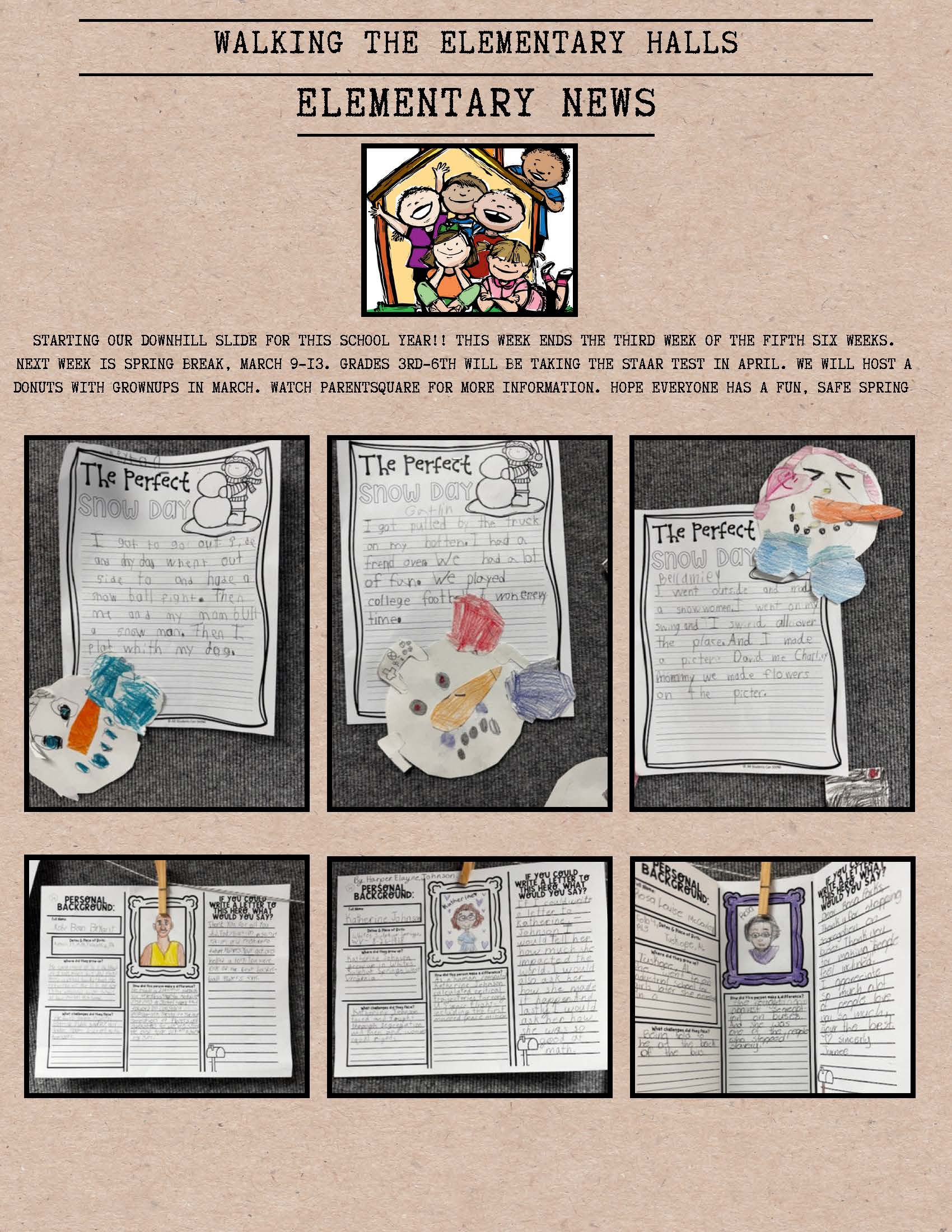 Elementary school news bulletin board featuring student artwork and writing about "The Perfect Snow Day" and "Personal Background" projects.