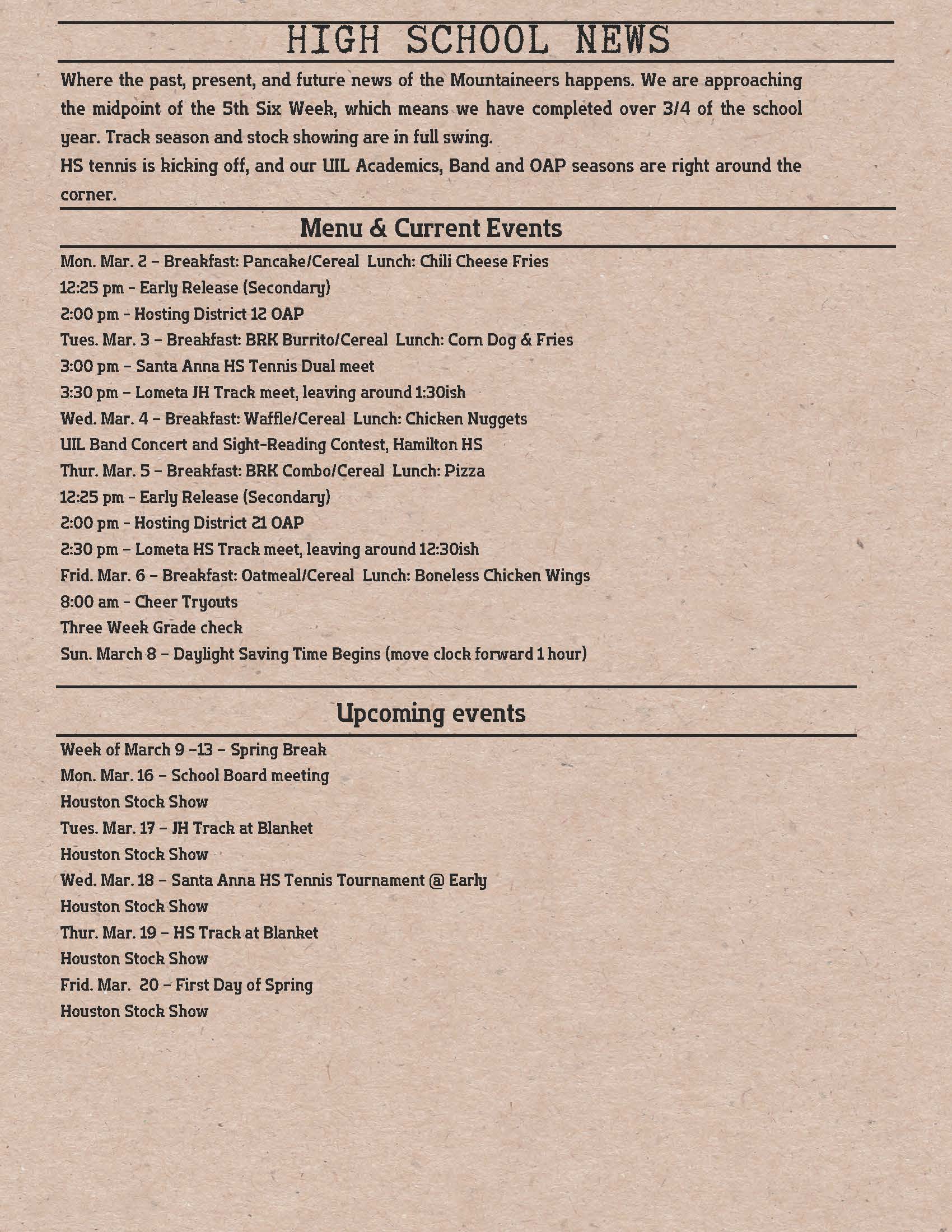 A document titled 'HIGH SCHOOL NEWS' with sections for 'Menu & Current Events' and 'Upcoming events'.