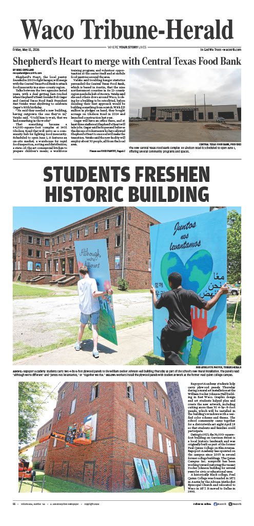 Image of newspaper front page featuring photos of students carrying art boards