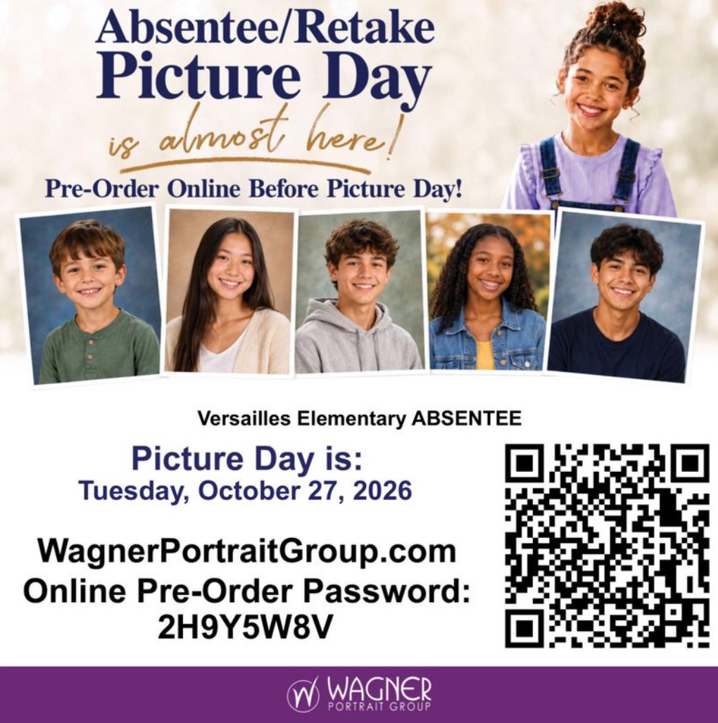 Promotional flyer for Absentee/Retake Picture Day at Versailles Elementary, scheduled for Tuesday, October 27, 2026.