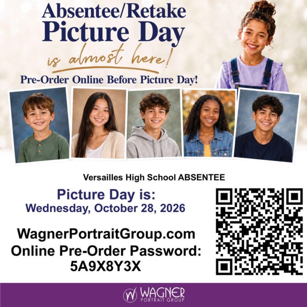A promotional flyer announcing Absentee/Retake Picture Day for Versailles High School on Wednesday, October 28, 2026.