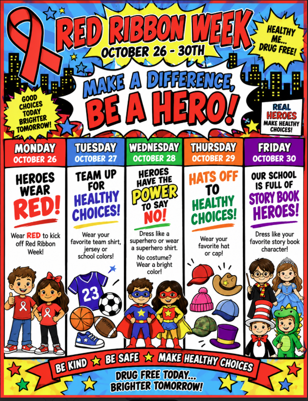 A Red Ribbon Week schedule poster with comic book graphics, listing daily dress-up themes from October 26 to 30.