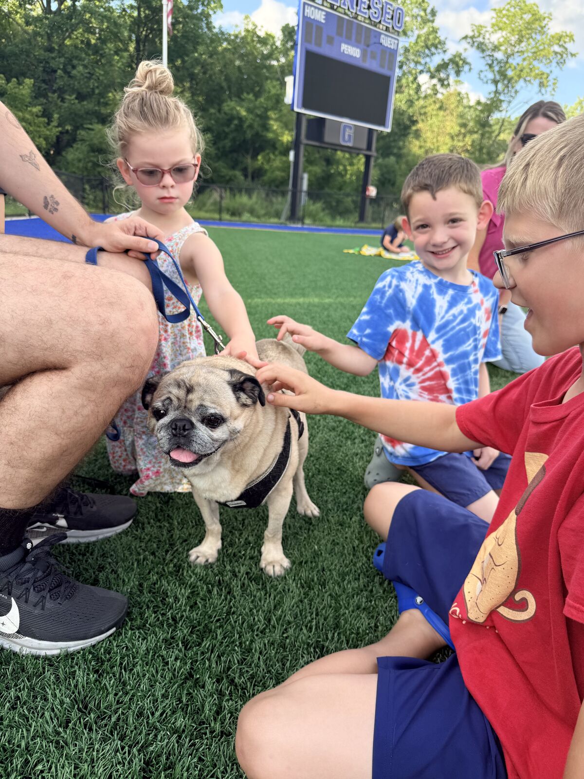 Children pet a pug on the Geneseo football field.