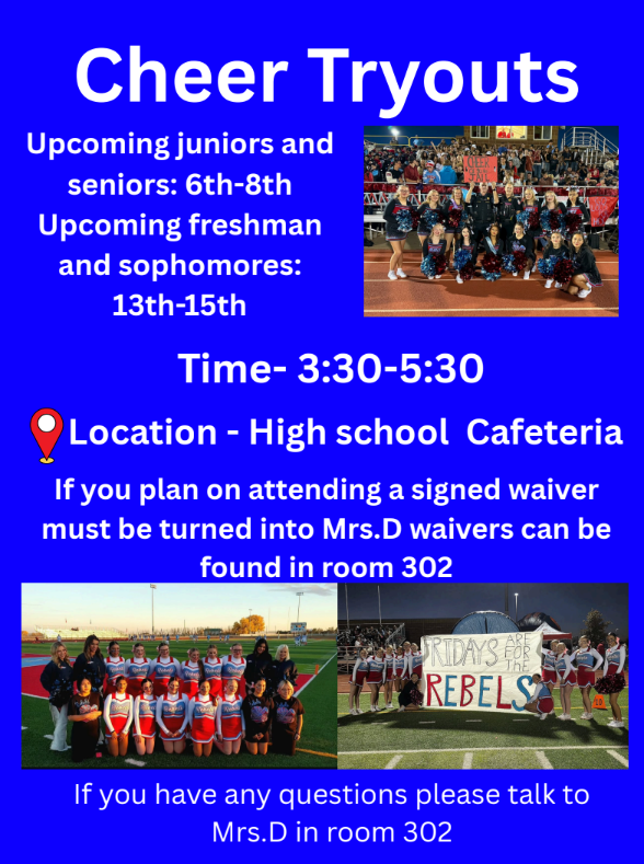 Poster announcing Cheer Tryouts with dates, times, and location: High School Cafeteria.