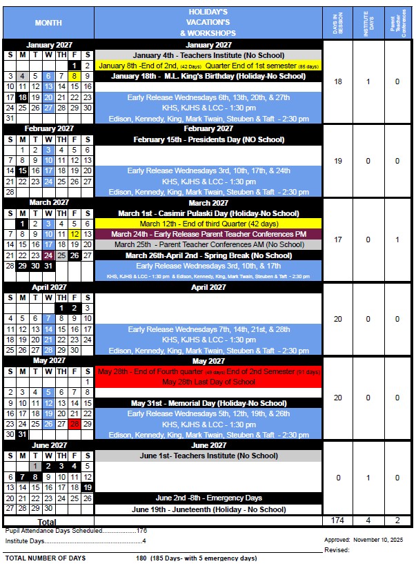 A calendar displays school holidays, vacations, and workshops for January through June 2027.