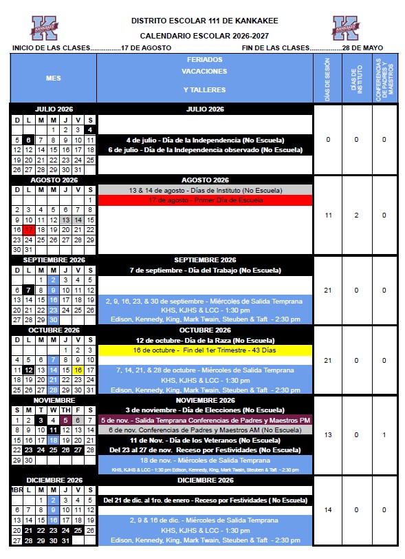 School calendar for Kankakee School District 111, 2026-2027, showing holidays, vacation, and workshops.