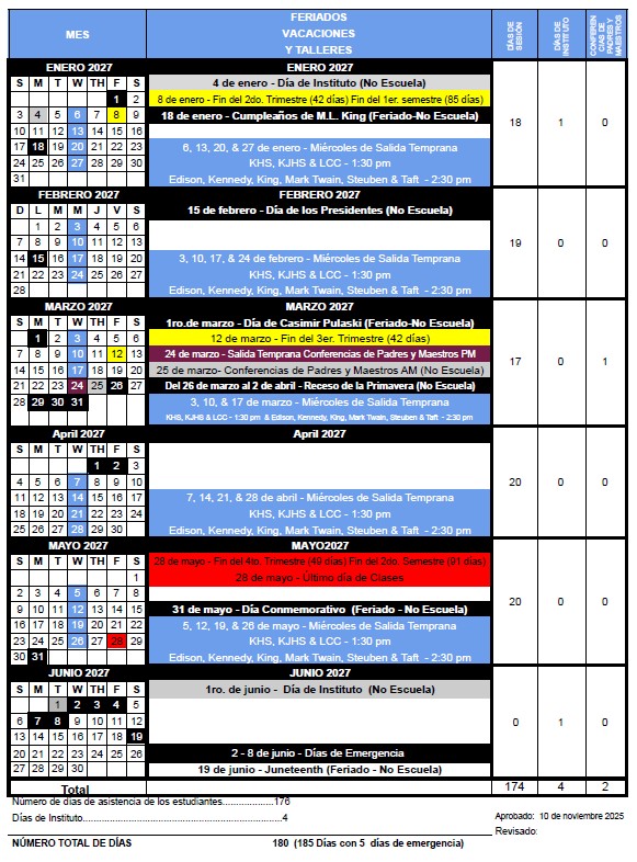 A school calendar for January to June 2027, detailing holidays, early dismissal days, and school events.