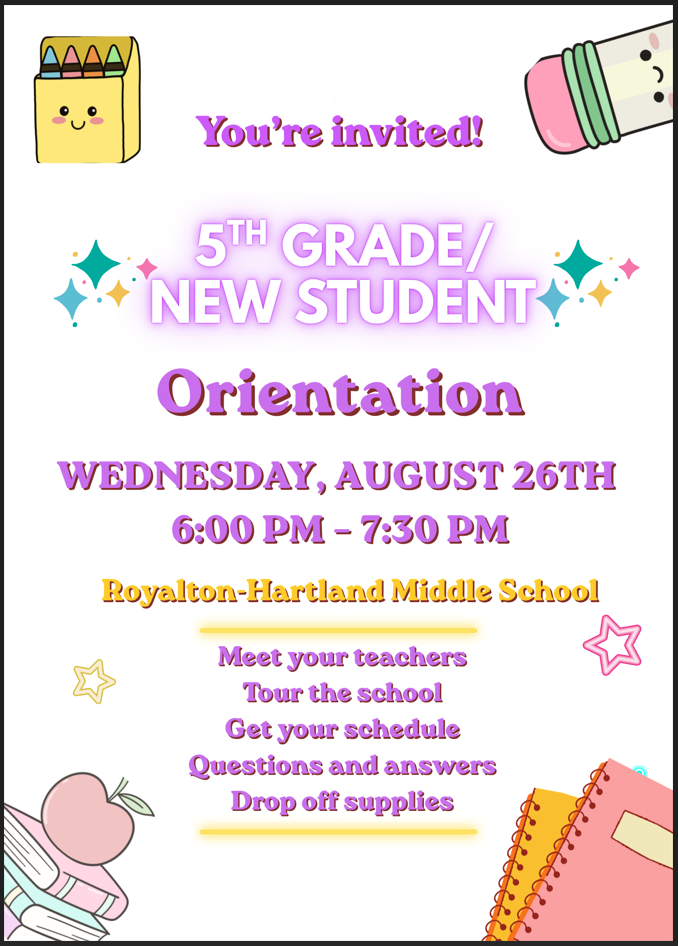 5th Grade & New Student Orientation: 8/26/26