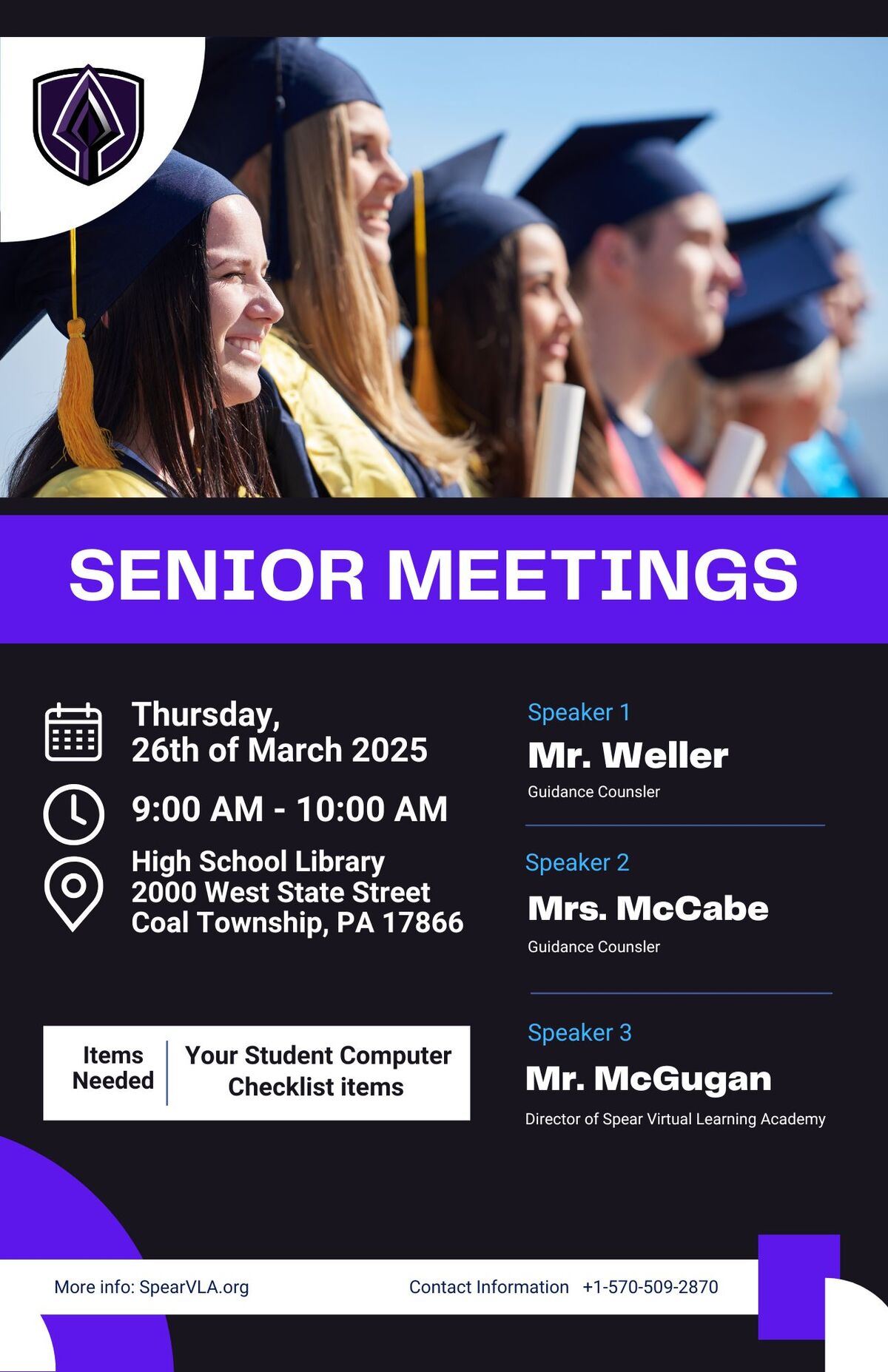 A flyer announces Senior Meetings with date, time, and location details.