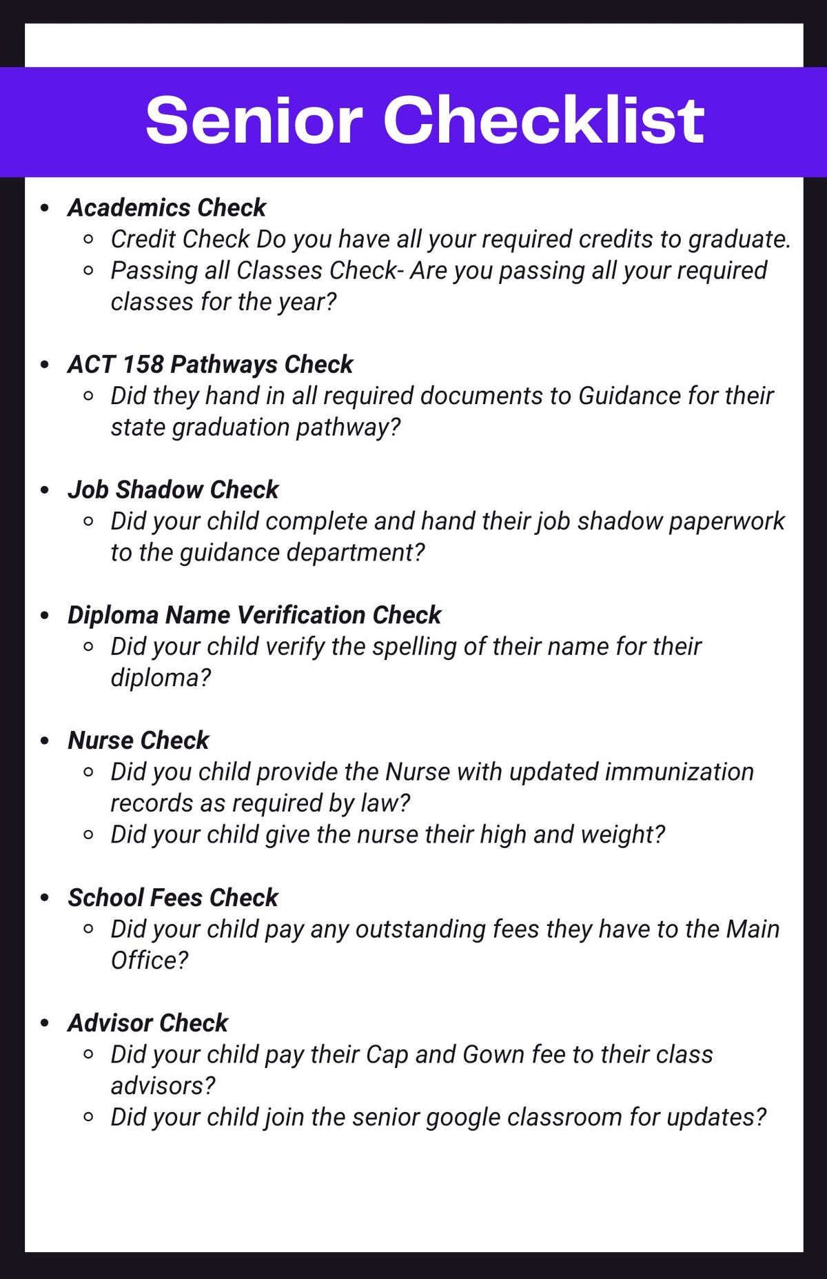 A 'Senior Checklist' with sections for Academics, ACT, Job Shadow, Diploma Name, Nurse, School Fees, and Advisor.