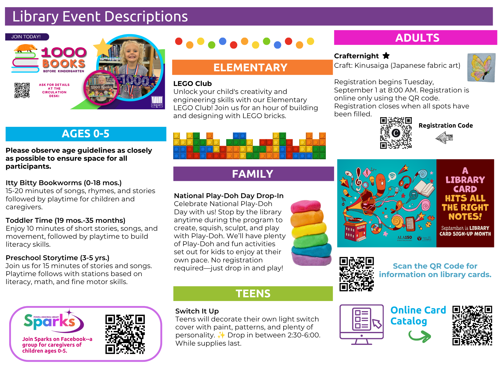 A flyer detailing library events for various age groups, including "1000 Books Before Kindergarten," "LEGO Club," "Crafternight," and "National Play-Doh Day Drop-In."