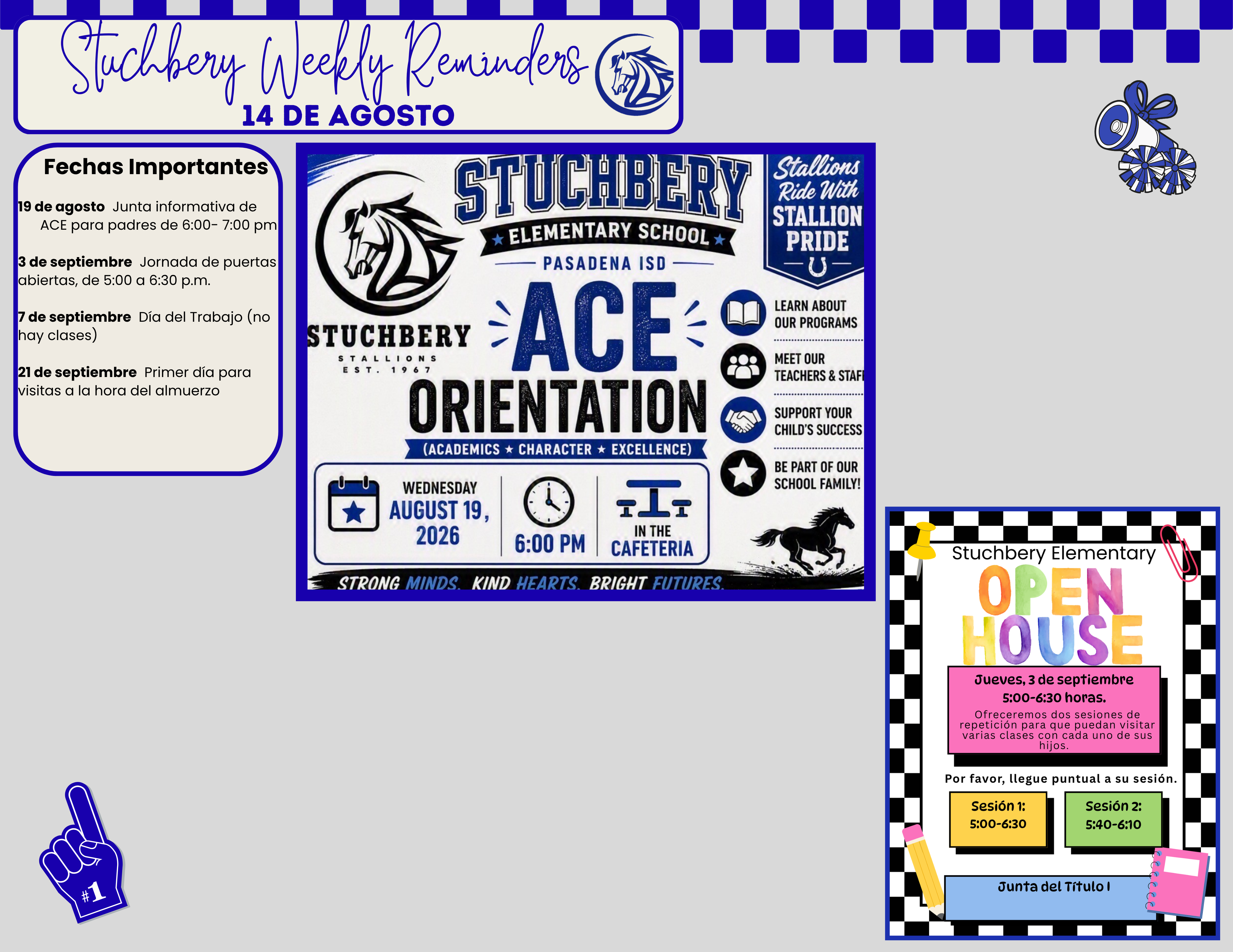 Stuchbery Elementary's 'ACE Orientation' poster with key dates and times, including an August 19, 2026 event at 6:00 PM in the cafeteria.
