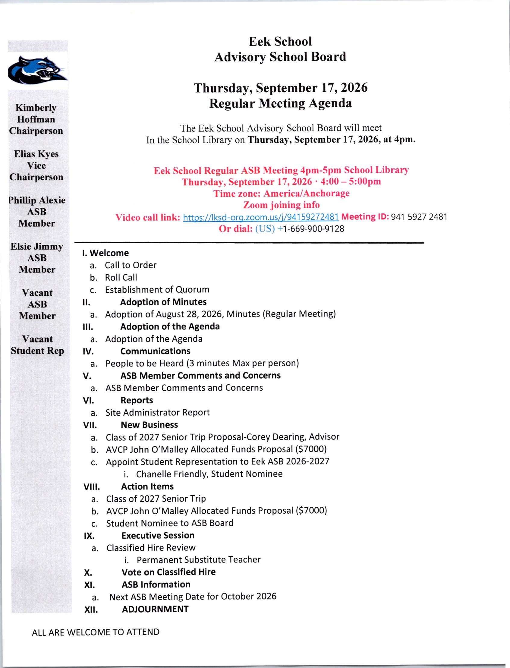 September 2026 Eek School ASB Meeting Agenda