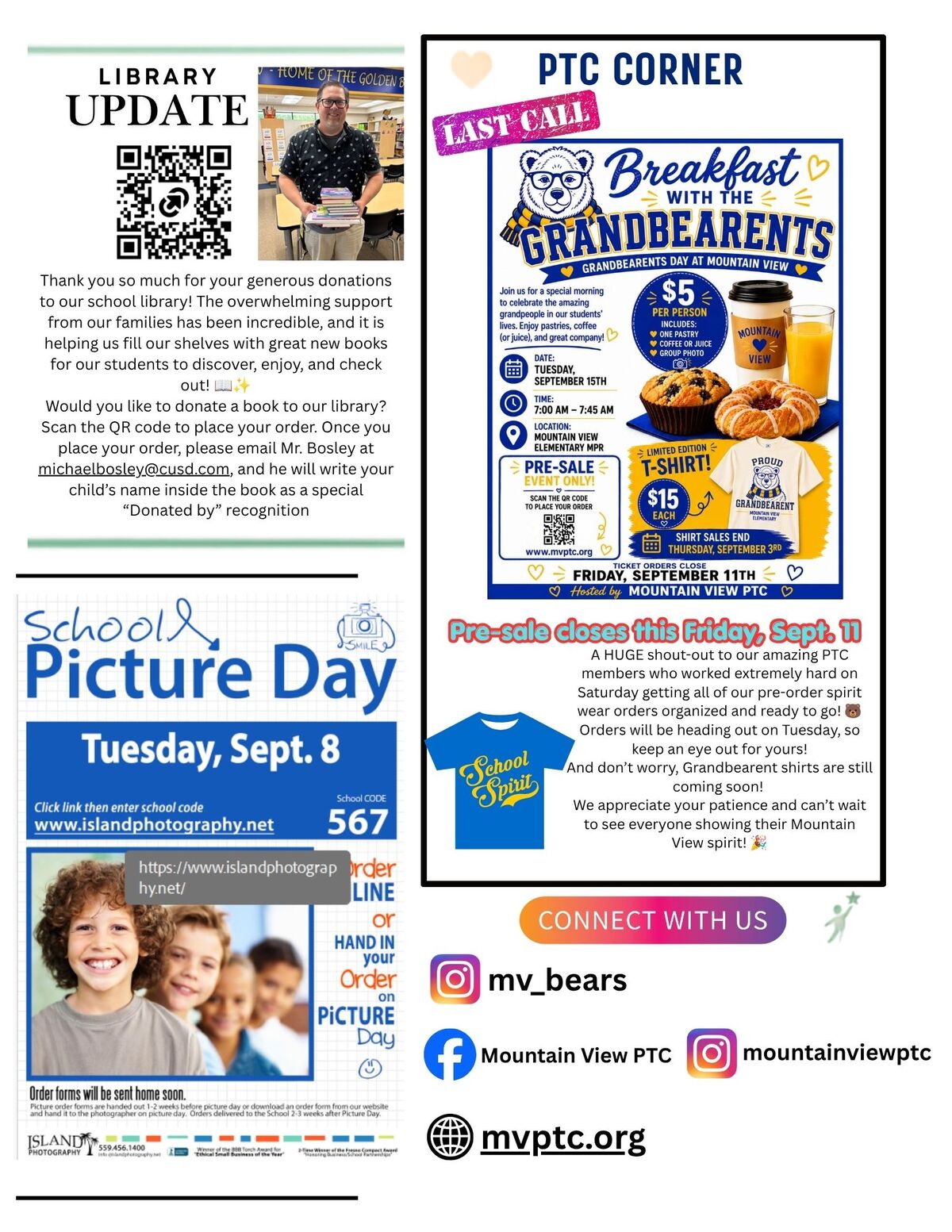 A school newsletter with notices for Library Update, Breakfast with Grandbearents, and School Picture Day.