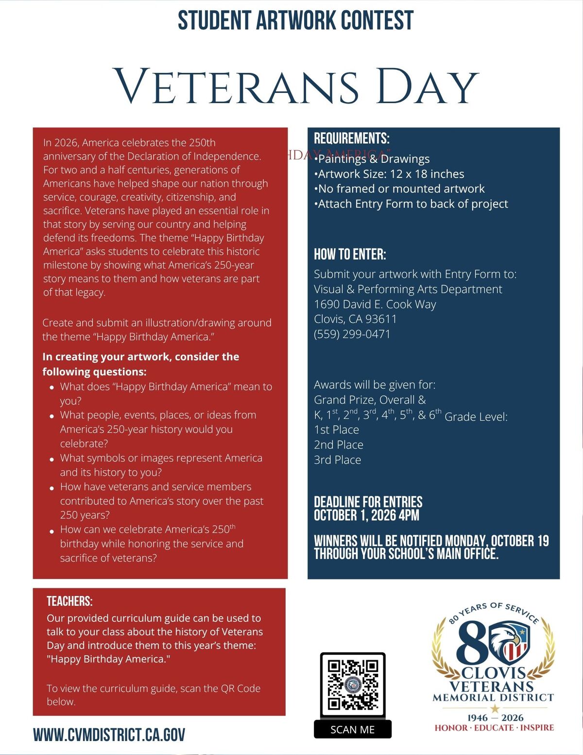 A flyer for a student artwork contest themed 'Veterans Day' and 'Happy Birthday America' with submission details.