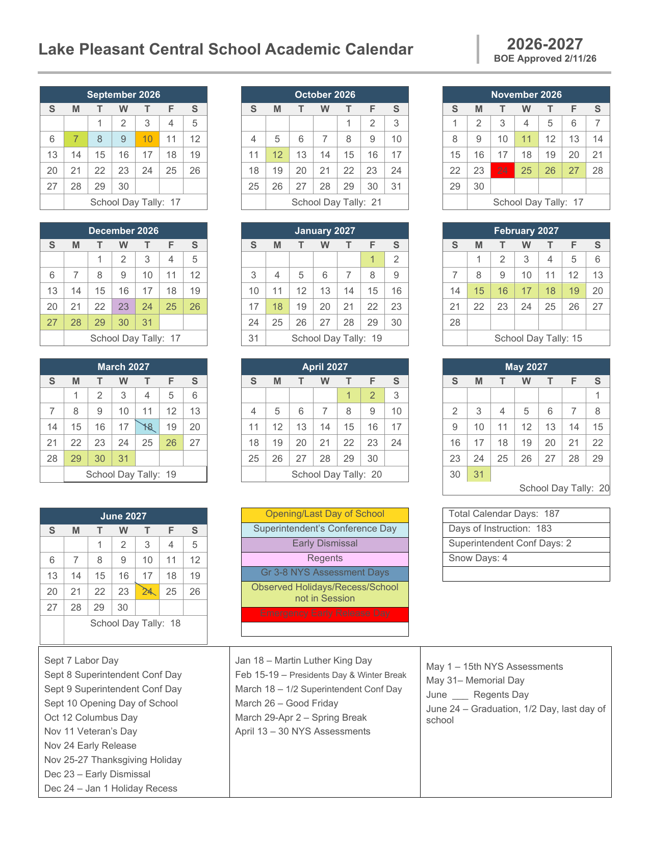 2026-2027 School Calendar