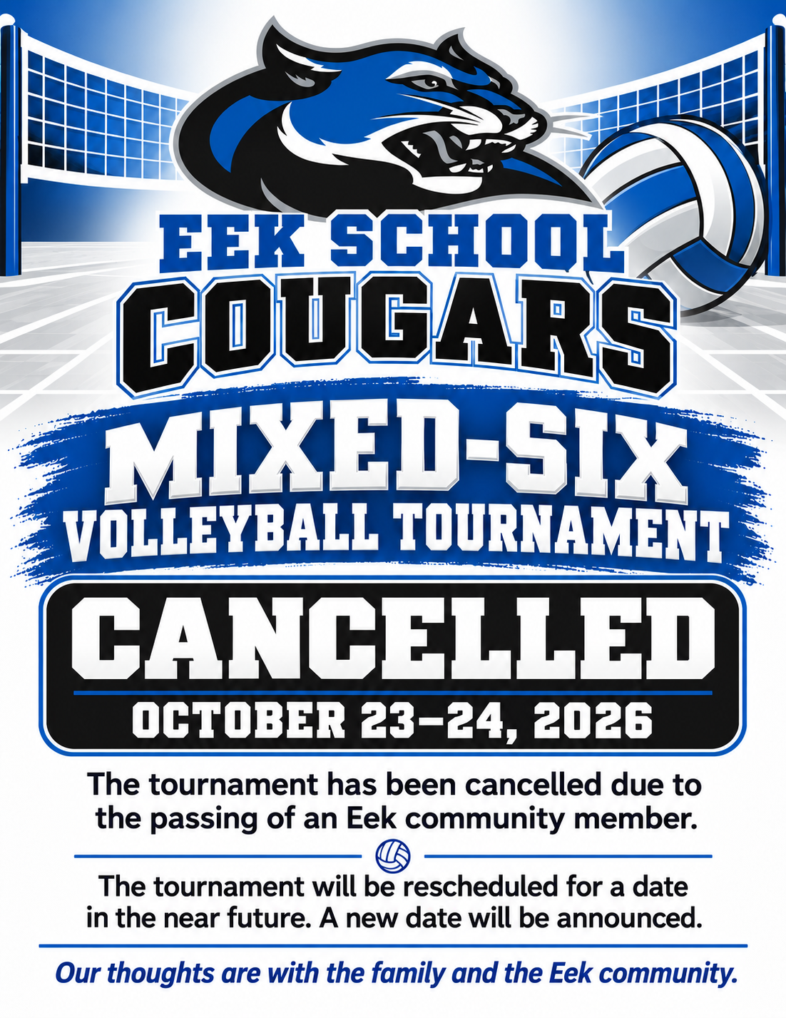 Mixed-Six Volleyball Tournament at Eek School Cancelled for October 23-24, 2026