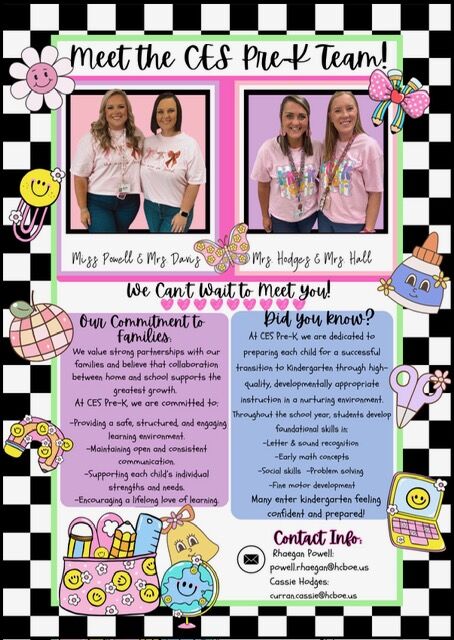 A flyer introducing the CES Pre-K team with photos of teachers and information about the program.